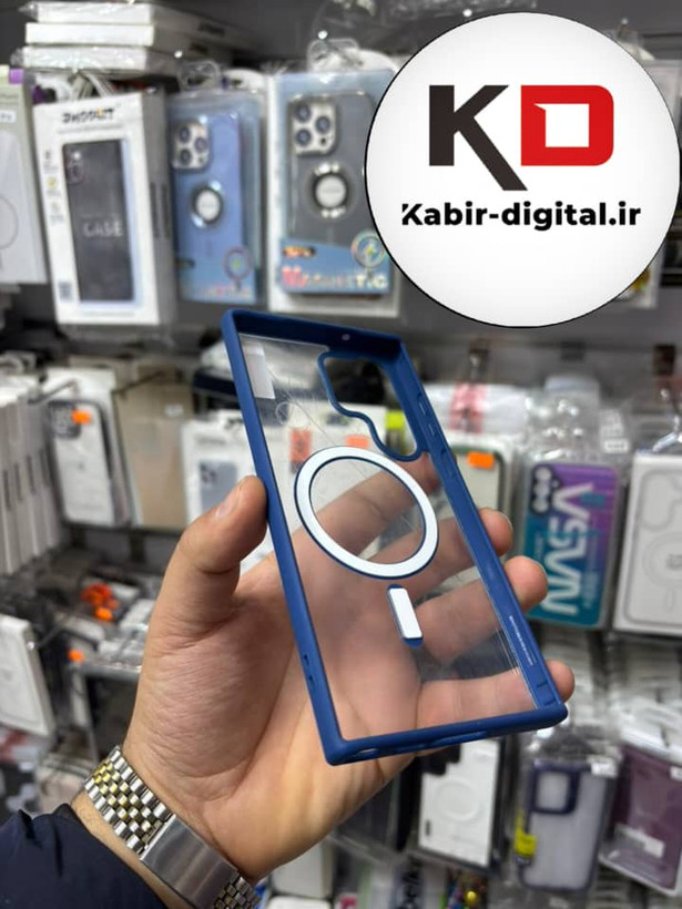 قاب گوشی Galaxy S23 Ultra سامسونگ لنز استند شو فلزی دور ایربگ دار مگ سیف Magsafe اورجینال شفاف سرمه ایی
