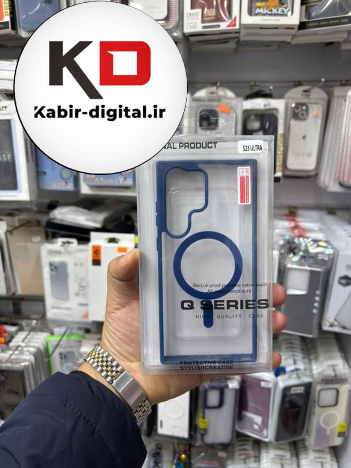 قاب گوشی Galaxy S23 Ultra سامسونگ لنز استند شو فلزی دور ایربگ دار مگ سیف Magsafe اورجینال شفاف سرمه ایی