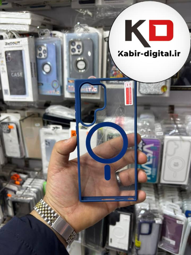 قاب گوشی Galaxy S23 Ultra سامسونگ لنز استند شو فلزی دور ایربگ دار مگ سیف Magsafe اورجینال شفاف سرمه ایی