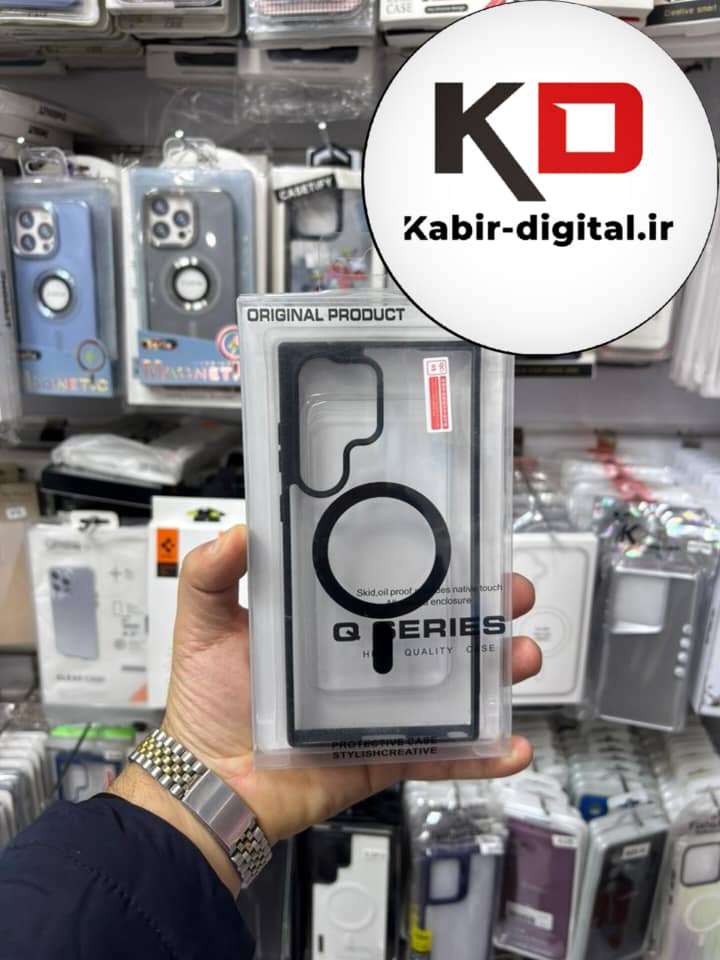 قاب گوشی Galaxy S23 Ultra سامسونگ لنز استند شو فلزی دور ایربگ دار مگ سیف Magsafe اورجینال شفاف مشکی