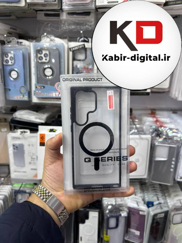 قاب گوشی Galaxy S23 Ultra سامسونگ لنز استند شو فلزی دور ایربگ دار مگ سیف Magsafe اورجینال شفاف مشکی