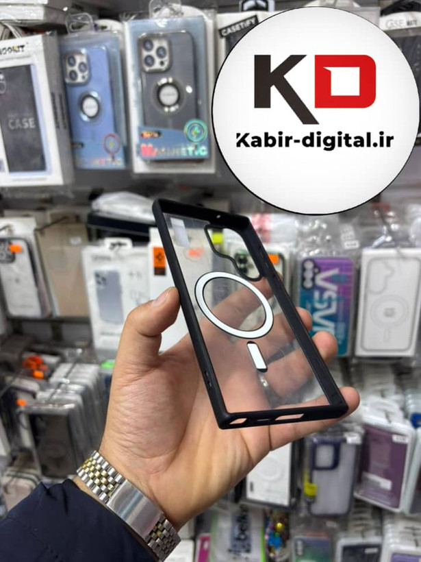 قاب گوشی Galaxy S23 Ultra سامسونگ لنز استند شو فلزی دور ایربگ دار مگ سیف Magsafe اورجینال شفاف مشکی