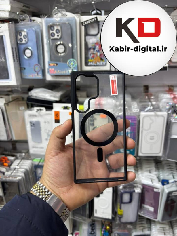 قاب گوشی Galaxy S23 Ultra سامسونگ لنز استند شو فلزی دور ایربگ دار مگ سیف Magsafe اورجینال شفاف مشکی