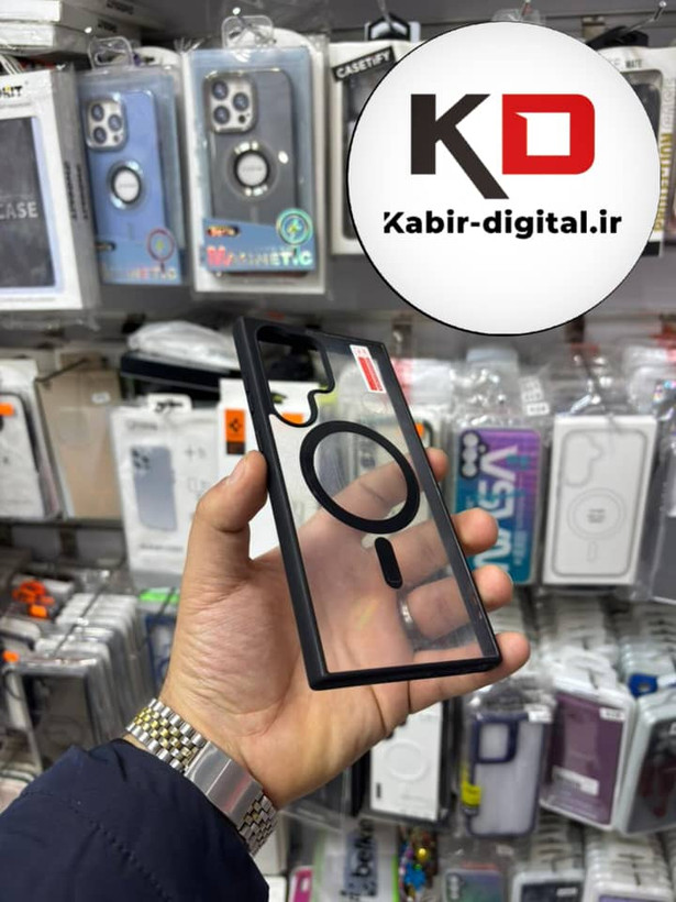 قاب گوشی Galaxy S23 Ultra سامسونگ لنز استند شو فلزی دور ایربگ دار مگ سیف Magsafe اورجینال شفاف مشکی