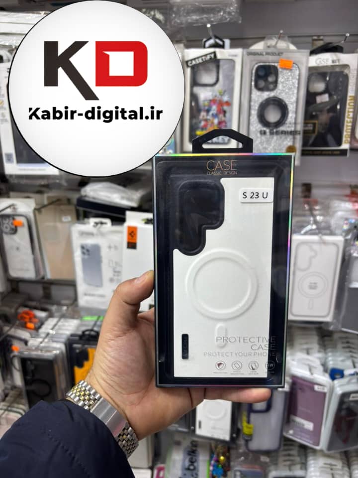 قاب گوشی Galaxy S23 Ultra سامسونگ Wood Case دور ایربگ مگ سیف Magsafe اورجینال طرح چرم سفید