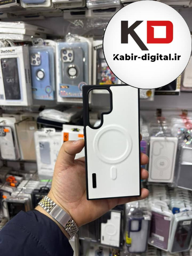 قاب گوشی Galaxy S23 Ultra سامسونگ Wood Case دور ایربگ مگ سیف Magsafe اورجینال طرح چرم سفید