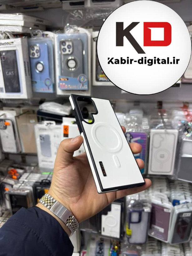قاب گوشی Galaxy S23 Ultra سامسونگ Wood Case دور ایربگ مگ سیف Magsafe اورجینال طرح چرم سفید