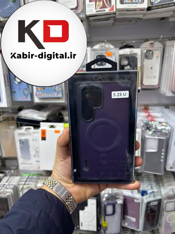 قاب گوشی Galaxy S23 Ultra سامسونگ Wood Case دور ایربگ مگ سیف Magsafe اورجینال طرح چرم بنفش
