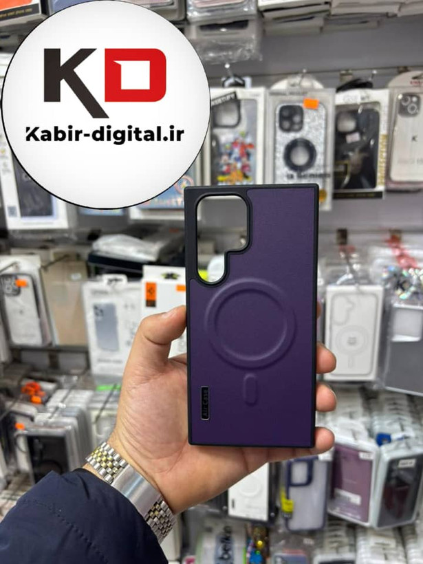 قاب گوشی Galaxy S23 Ultra سامسونگ Wood Case دور ایربگ مگ سیف Magsafe اورجینال طرح چرم بنفش