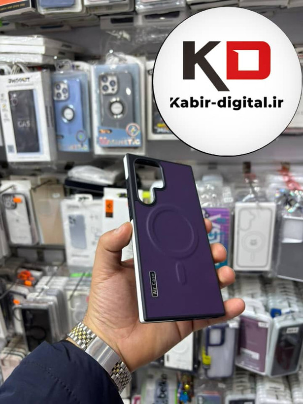 قاب گوشی Galaxy S23 Ultra سامسونگ Wood Case دور ایربگ مگ سیف Magsafe اورجینال طرح چرم بنفش