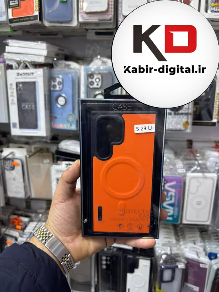 قاب گوشی Galaxy S23 Ultra سامسونگ Wood Case دور ایربگ مگ سیف Magsafe اورجینال طرح چرم نارنجی
