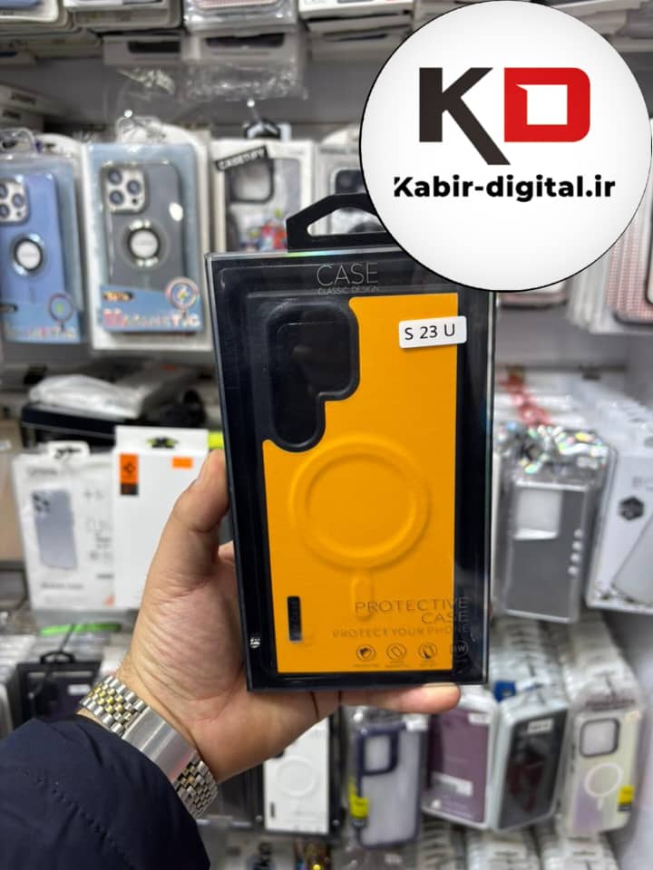 قاب گوشی Galaxy S23 Ultra سامسونگ Wood Case دور ایربگ مگ سیف Magsafe اورجینال طرح چرم زرد