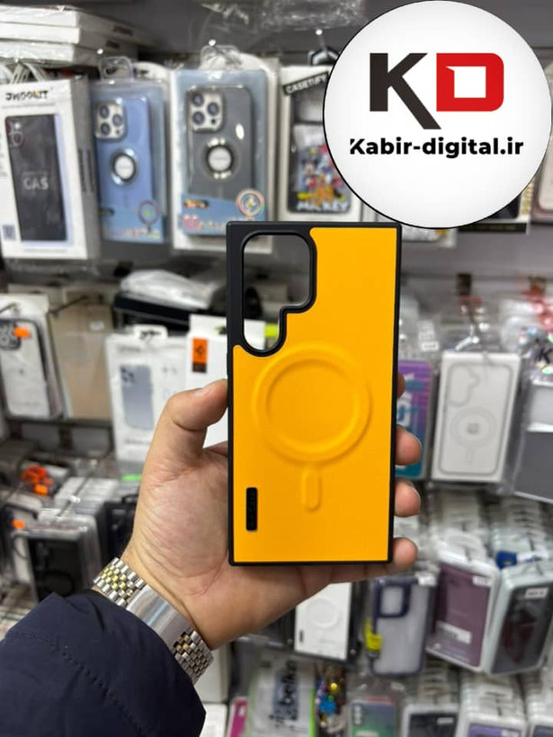 قاب گوشی Galaxy S23 Ultra سامسونگ Wood Case دور ایربگ مگ سیف Magsafe اورجینال طرح چرم زرد