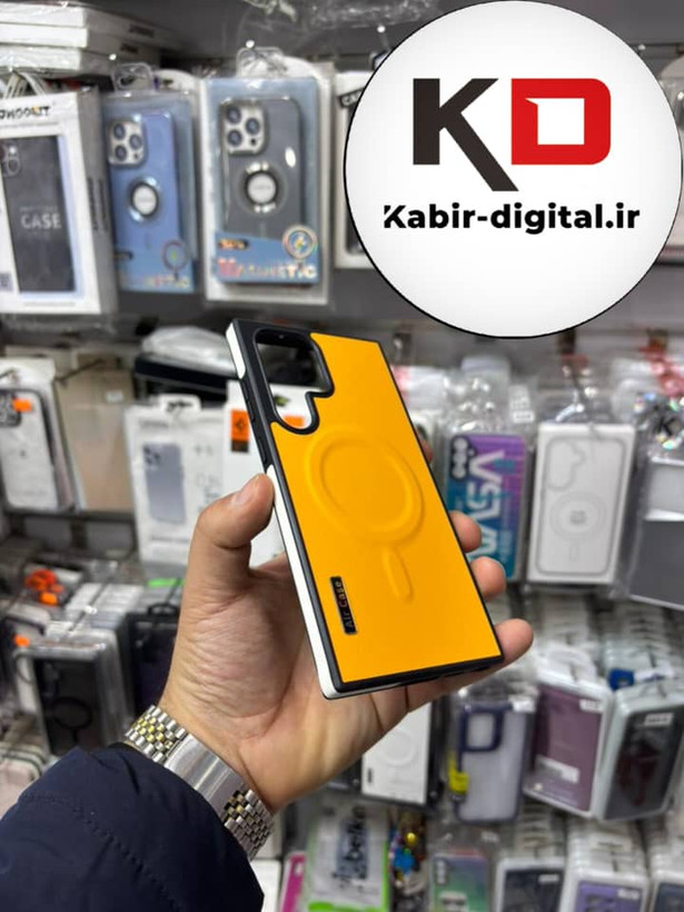 قاب گوشی Galaxy S23 Ultra سامسونگ Wood Case دور ایربگ مگ سیف Magsafe اورجینال طرح چرم زرد