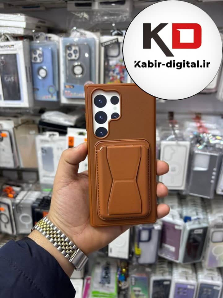 قاب گوشی Galaxy S23 Utra سامسونگ چرمی جاکارتی استندشو اورجینال قهوه ایی