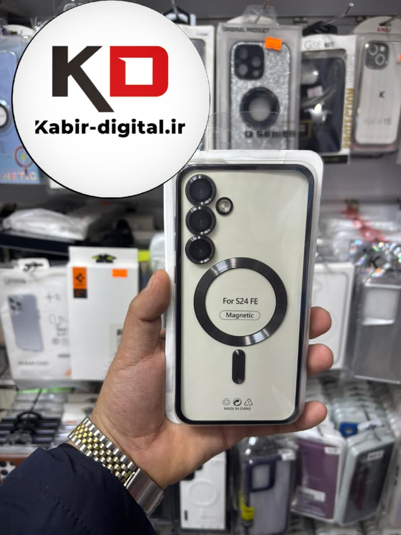 قاب گوشی Galaxy S24 FE سامسونگ طرح الکتروپلیتینگ ژله ای شفاف اورجینال طرح مگ سیف محافظ لنز دار مشکی