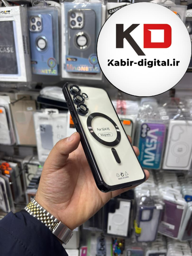 قاب گوشی Galaxy S24 FE سامسونگ طرح الکتروپلیتینگ ژله ای شفاف اورجینال طرح مگ سیف محافظ لنز دار مشکی