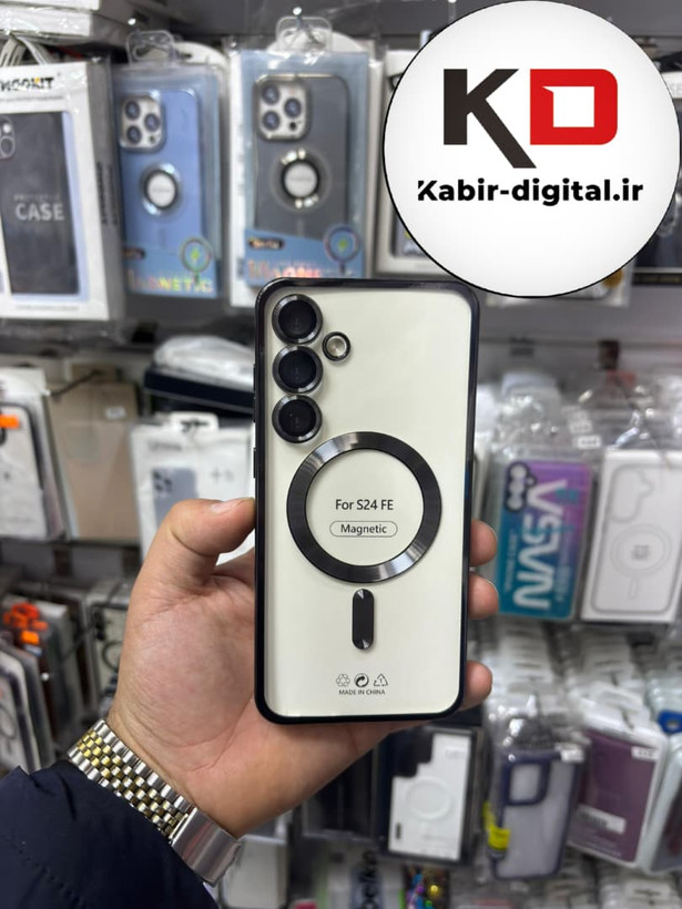 قاب گوشی Galaxy S24 FE سامسونگ طرح الکتروپلیتینگ ژله ای شفاف اورجینال طرح مگ سیف محافظ لنز دار مشکی