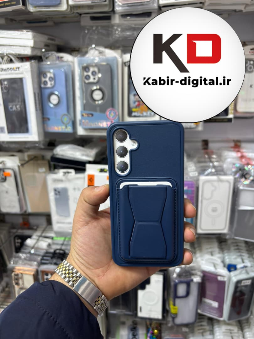 قاب گوشی Galaxy S23 FE سامسونگ چرمی جاکارتی استندشو اورجینال سرمه ایی