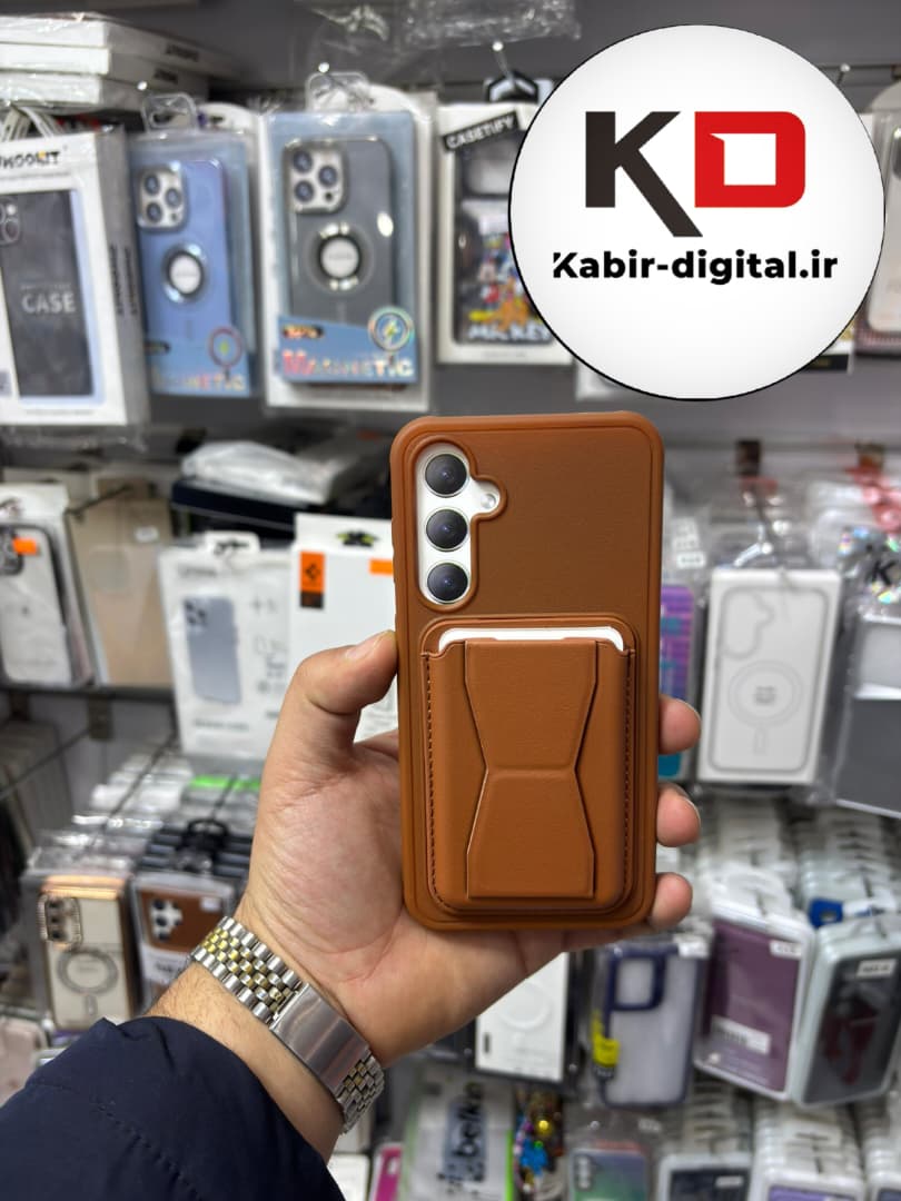 قاب گوشی Galaxy S23 FE سامسونگ چرمی جاکارتی استندشو اورجینال قهوه ایی