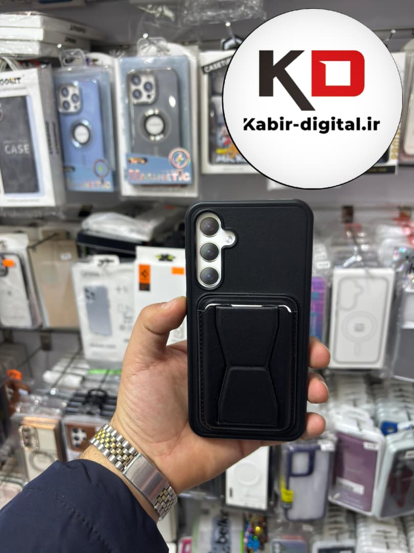 قاب گوشی Galaxy S23 FE سامسونگ چرمی جاکارتی استندشو اورجینال مشکی