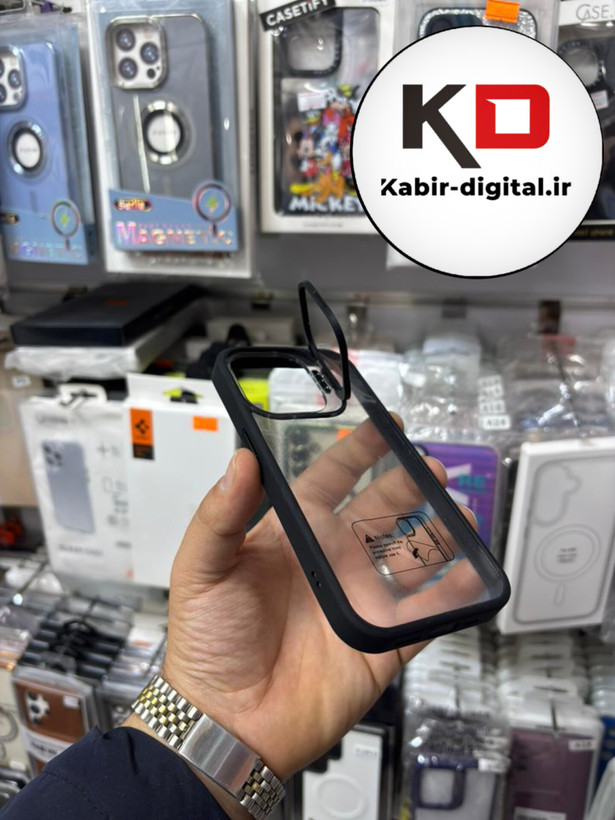 قاب گوشی iPhone 15 Pro آیفون CASE PRO اورجینال استند شو شفاف با محافظ لنز رینگی مشکی