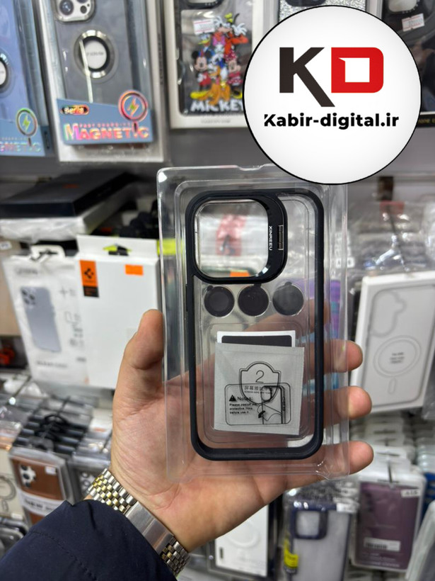 قاب گوشی iPhone 15 Pro آیفون CASE PRO اورجینال استند شو شفاف با محافظ لنز رینگی مشکی