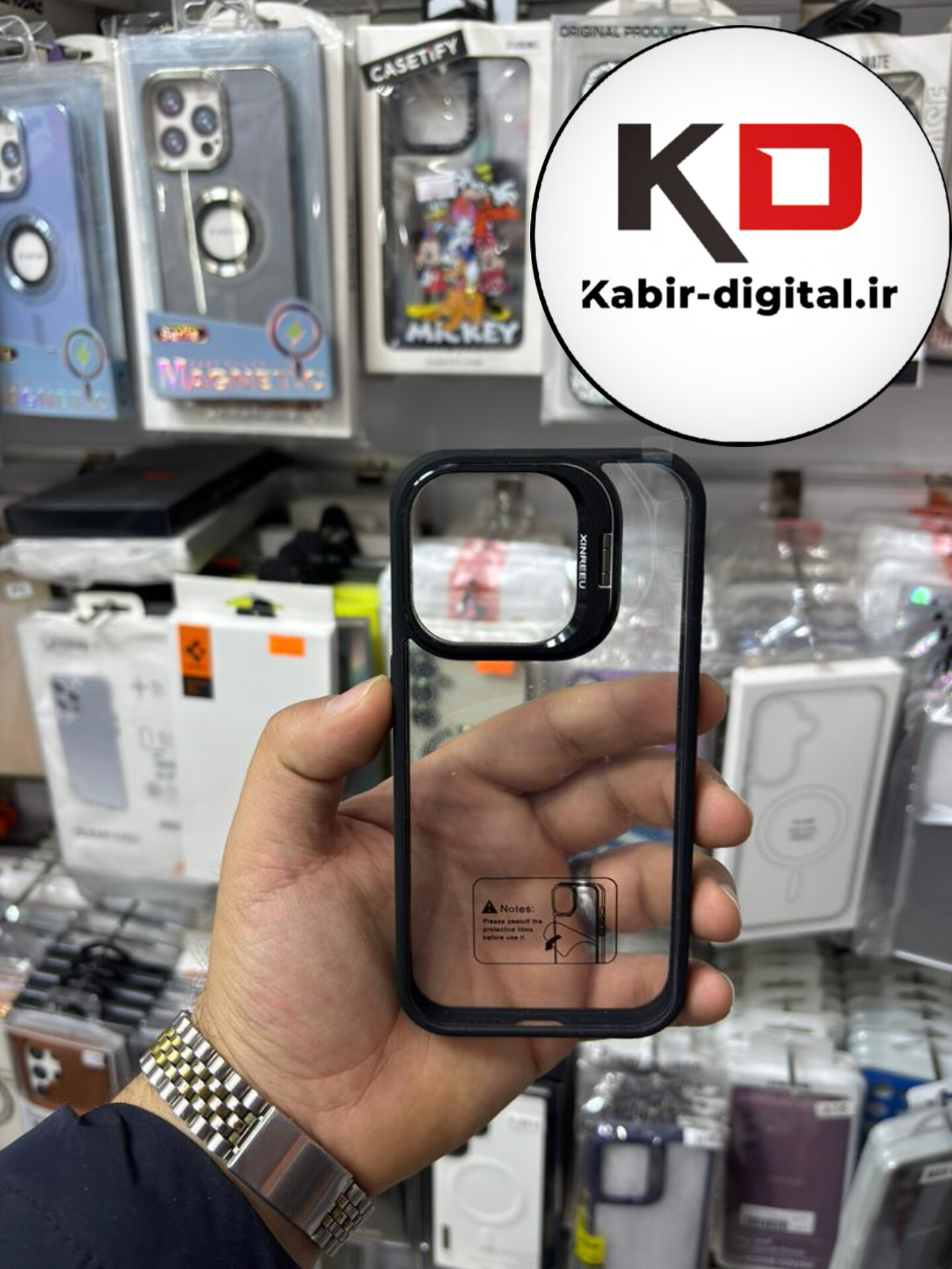 قاب گوشی iPhone 15 Pro آیفون CASE PRO اورجینال استند شو شفاف با محافظ لنز رینگی مشکی