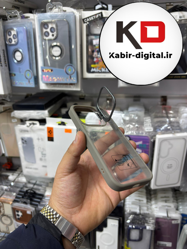 قاب گوشی iPhone 15 Pro آیفون CASE PRO اورجینال استند شو شفاف با محافظ لنز رینگی تیتانیوم