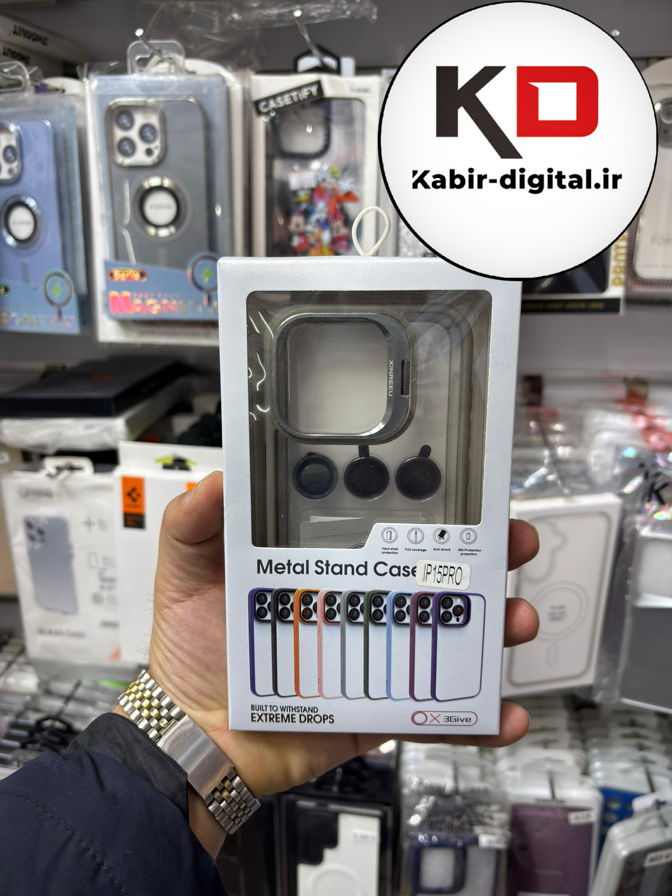 قاب گوشی iPhone 15  Pro آیفون CASE PRO اورجینال استند شو شفاف با محافظ لنز رینگی تیتانیوم
