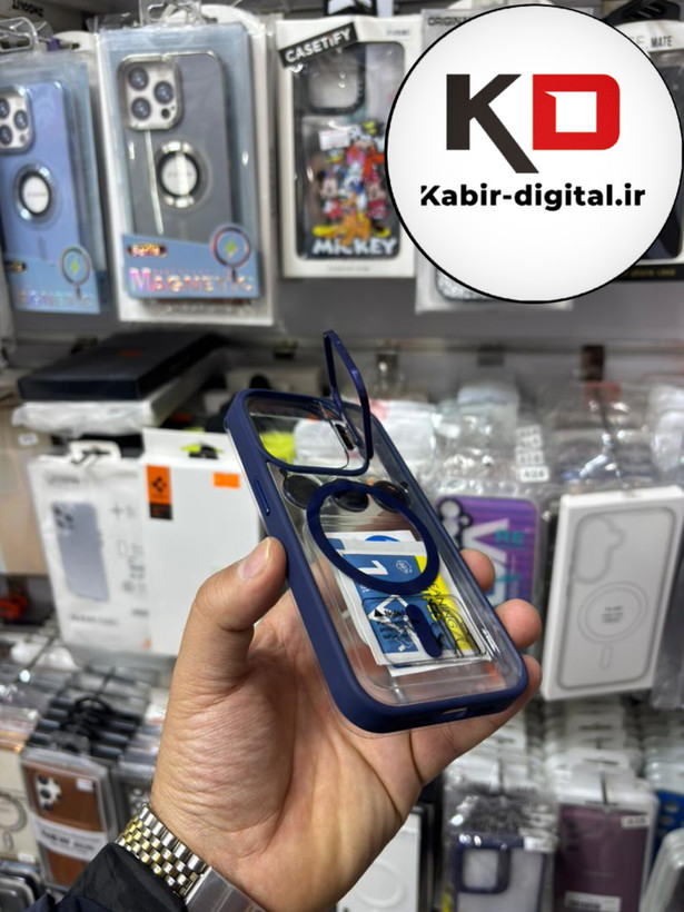 قاب گوشی iPhone 15 Pro آیفون CASE PRO اورجینال استند شو شفاف با محافظ لنز رینگی آبی