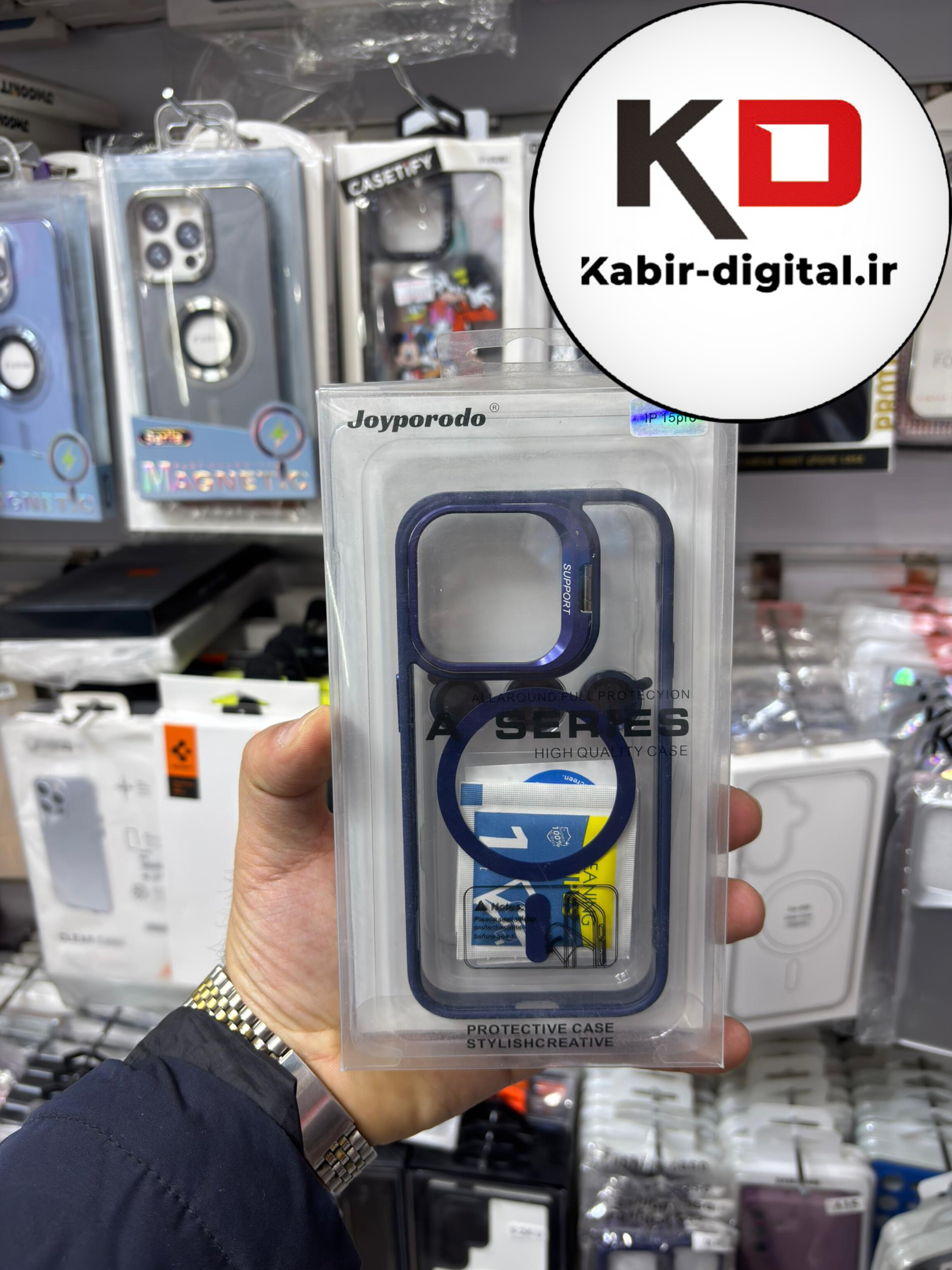 قاب گوشی iPhone 15  Pro آیفون CASE PRO اورجینال استند شو شفاف با محافظ لنز رینگی آبی