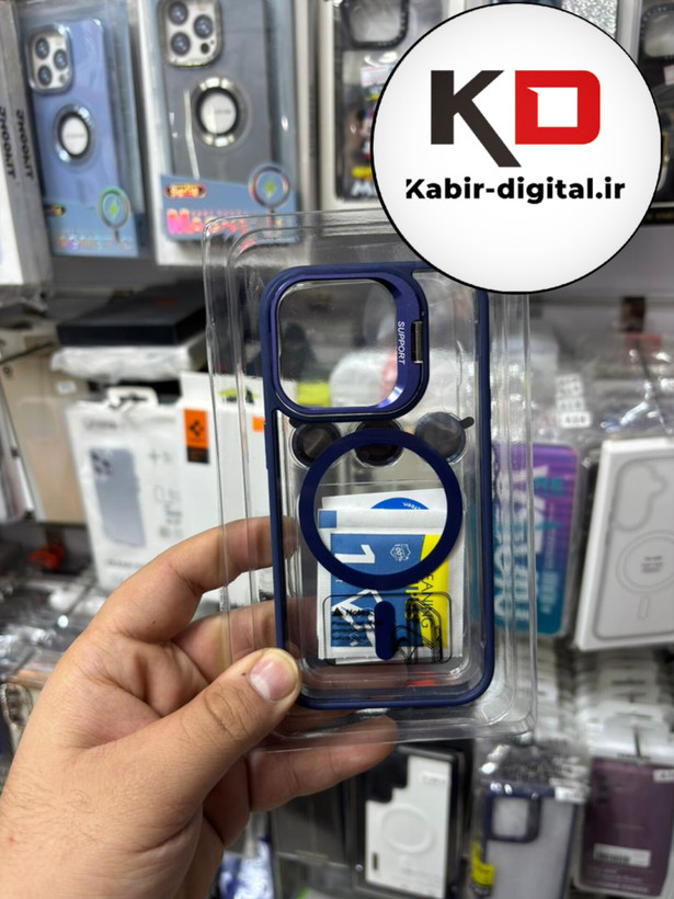 قاب گوشی iPhone 15 Pro آیفون CASE PRO اورجینال استند شو شفاف با محافظ لنز رینگی آبی
