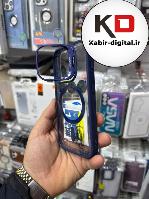 قاب گوشی iPhone 15 Pro آیفون CASE PRO اورجینال استند شو شفاف با محافظ لنز رینگی آبی