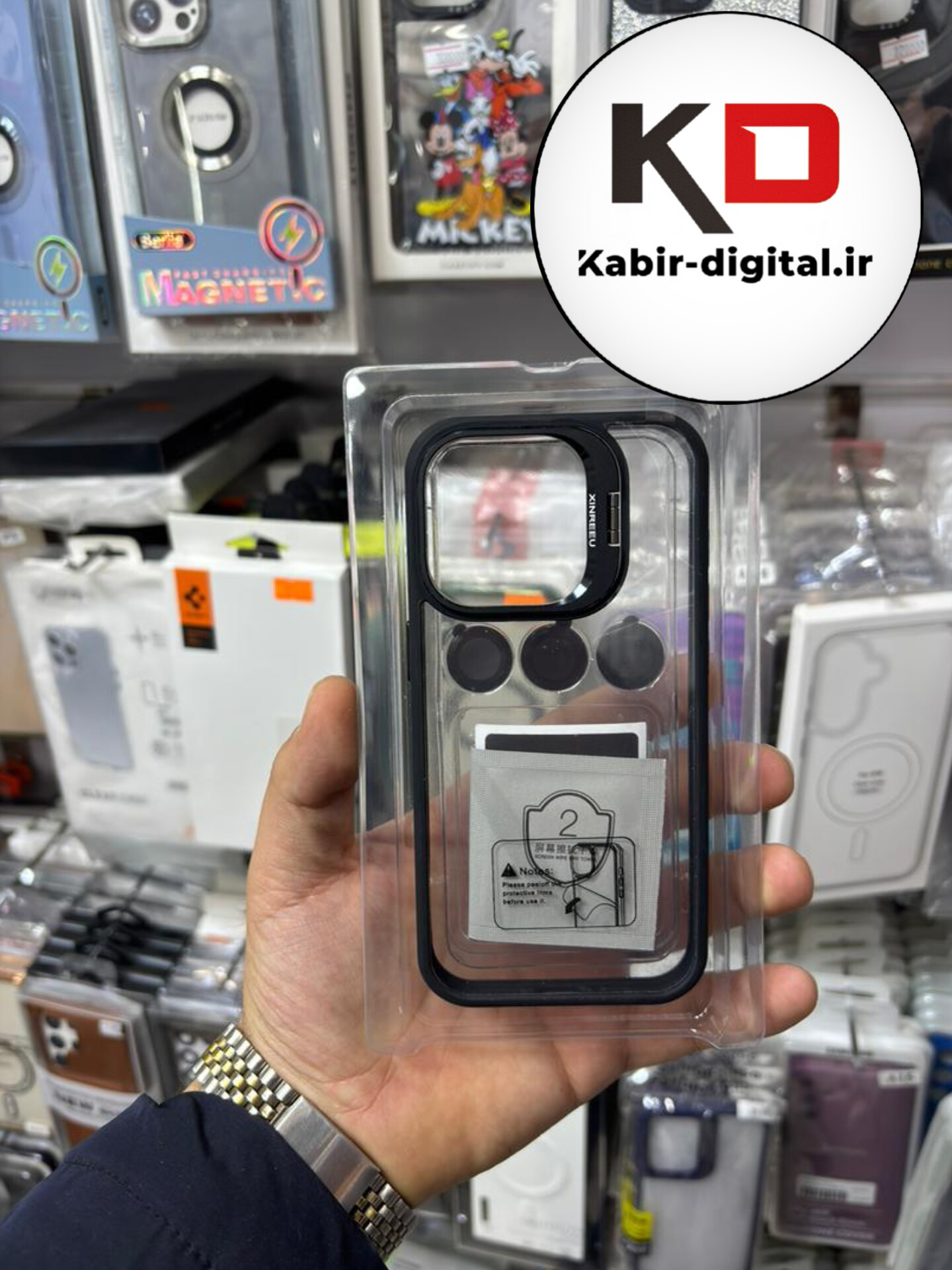 قاب گوشی iPhone 14 Pro max آیفون CASE PRO اورجینال استند شو شفاف با محافظ لنز رینگی مشکی