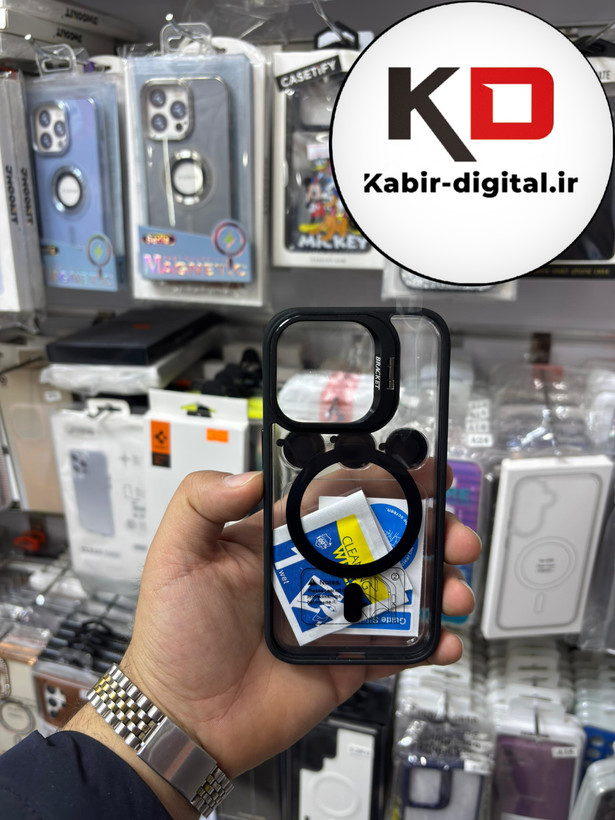 قاب گوشی iPhone 14 Pro max آیفون CASE PRO اورجینال استند شو شفاف با محافظ لنز رینگی مشکی