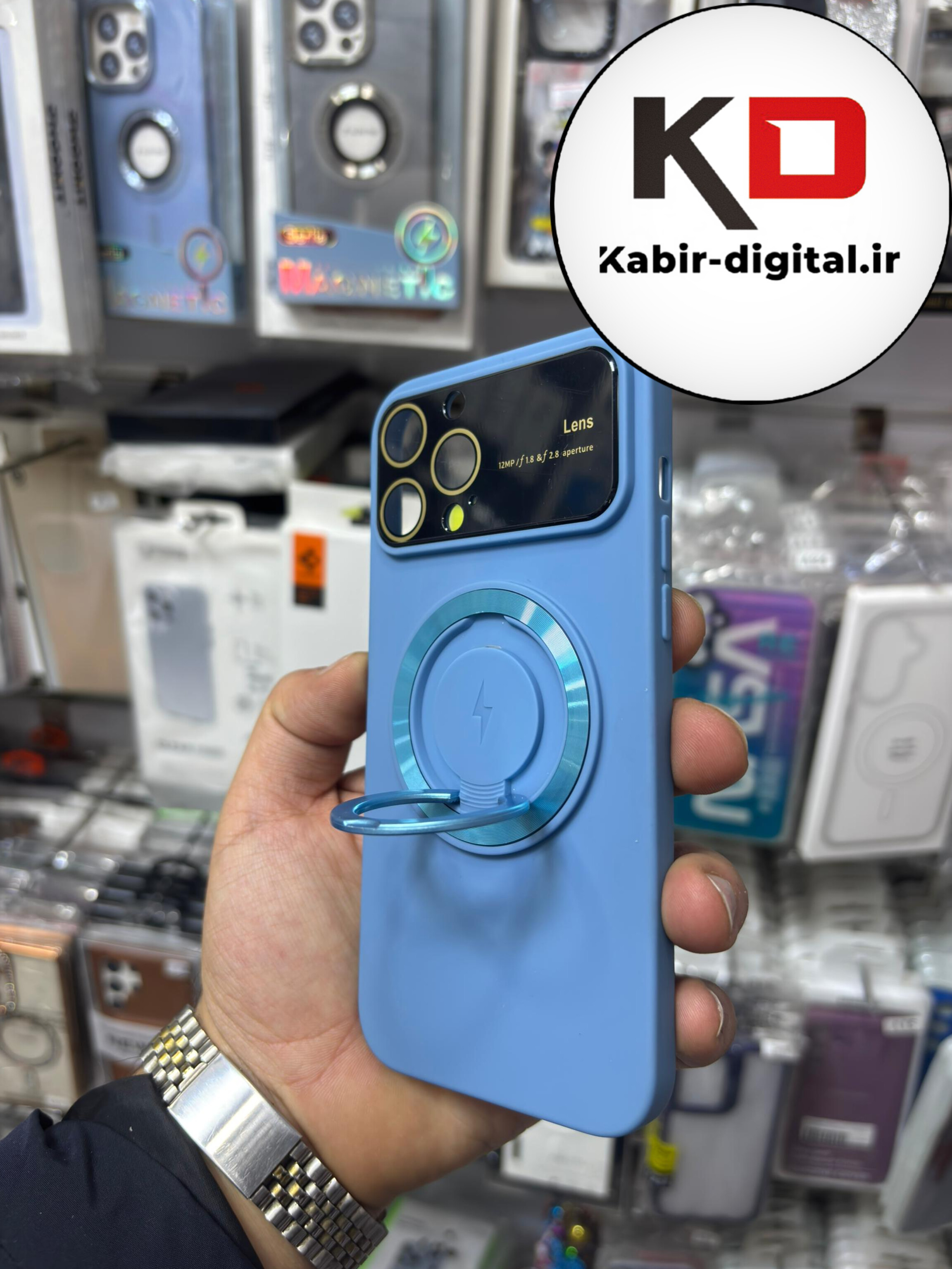 قاب گوشی iPhone 13 Pro Max آیفون سیلیکونی اورجینال Camera Lens زیر بسته HD GLASS FILM محافظ لنز دار مگ سیف هولدر دار آبی روشن
