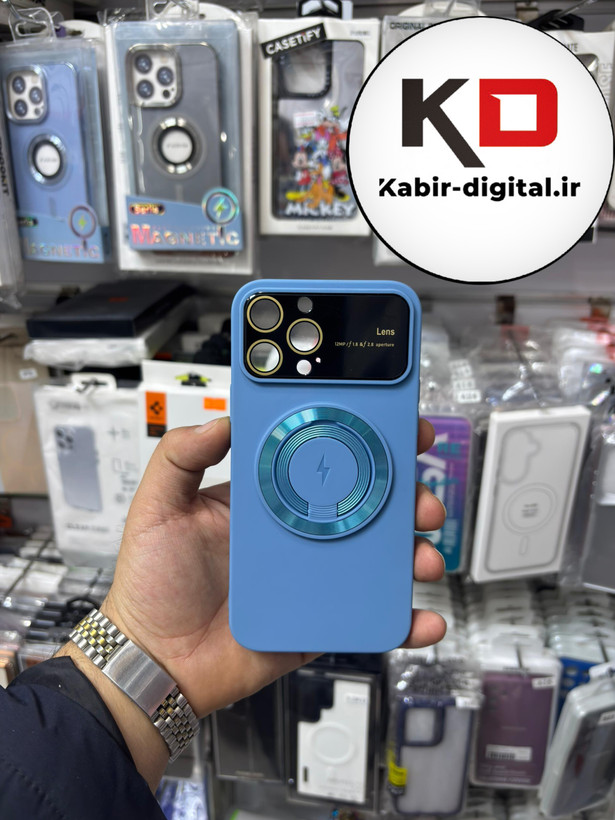 قاب گوشی iPhone 13 Pro Max آیفون سیلیکونی اورجینال Camera Lens زیر بسته HD GLASS FILM محافظ لنز دار مگ سیف هولدر دار آبی روشن