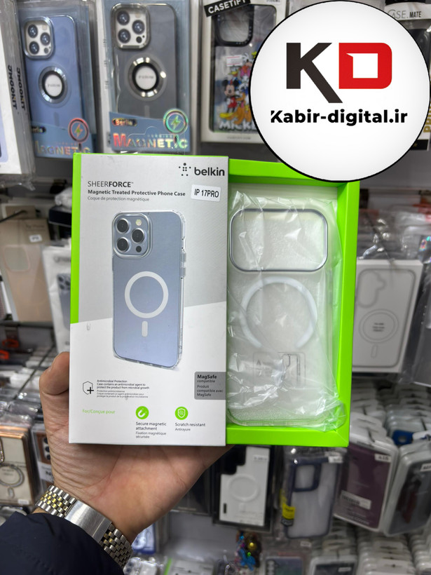 قاب گوشی iPhone 17 Pro Max آیفون اورجینال بلکین belkin طرح طلقی شیشه ای شفاف لنز کرومی