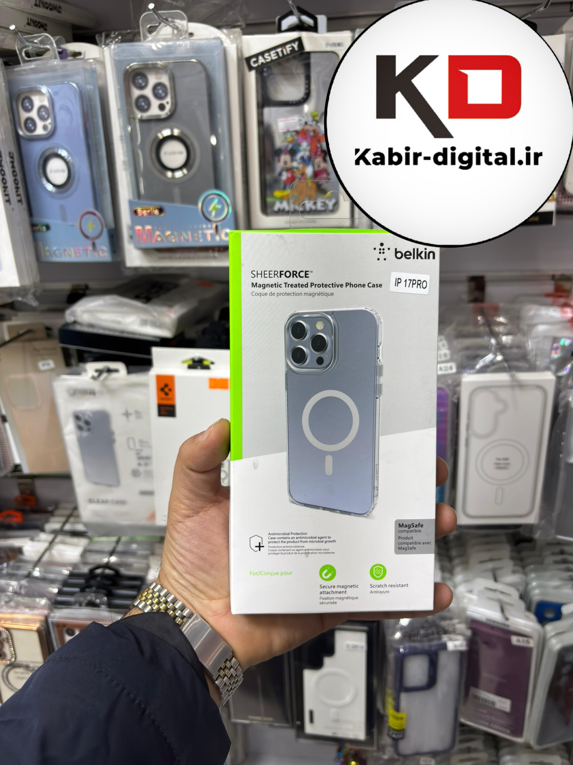 قاب گوشی iPhone 17 Pro Max آیفون اورجینال بلکین belkin طرح طلقی شیشه ای شفاف لنز کرومی