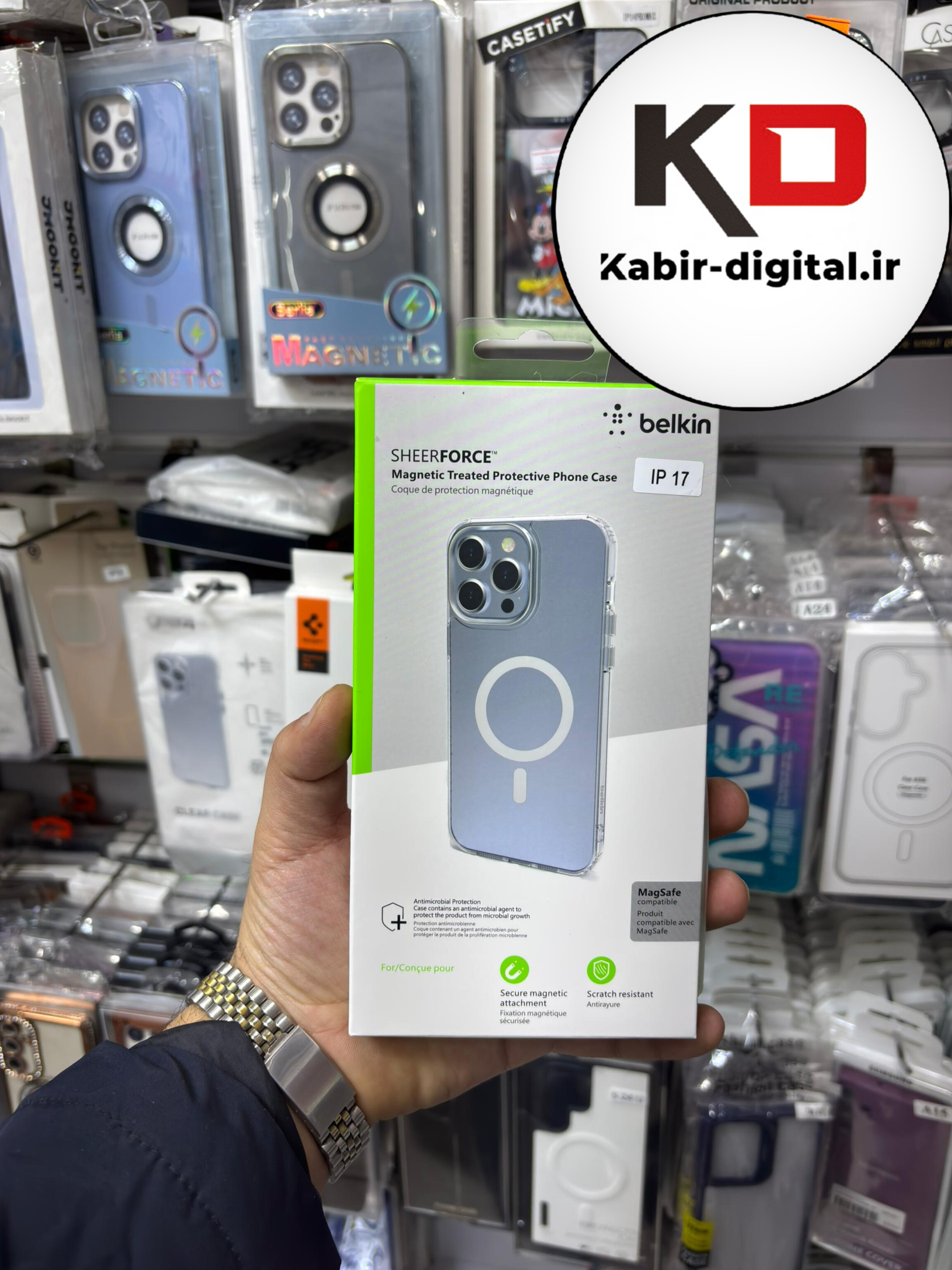 قاب گوشی iPhone 17 آیفون اورجینال بلکین belkin طرح طلقی شیشه ای شفاف لنز کرومی