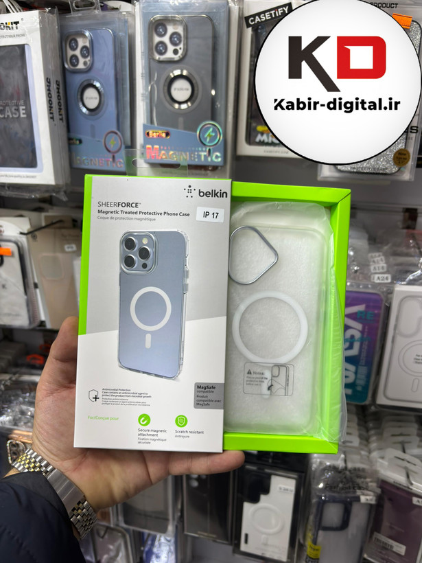 قاب گوشی iPhone 17 آیفون اورجینال بلکین belkin طرح طلقی شیشه ای شفاف لنز کرومی