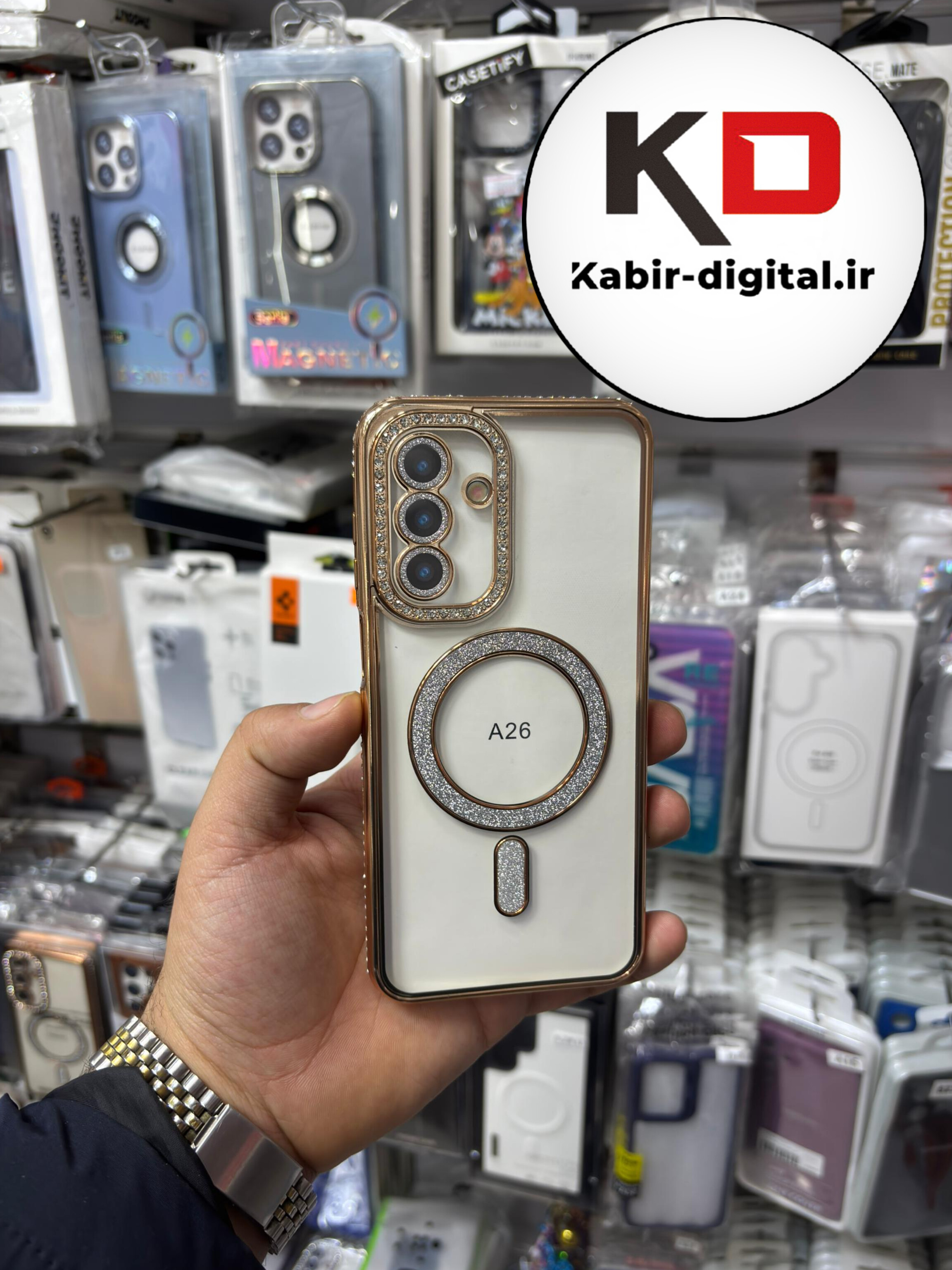 قاب گوشی Galaxy A26 / A17 سامسونگ الکتروپلیتینگ ژله ای شفاف اورجینال طرح مگ سیف نگین دار شاین محافظ لنز دار طلایی