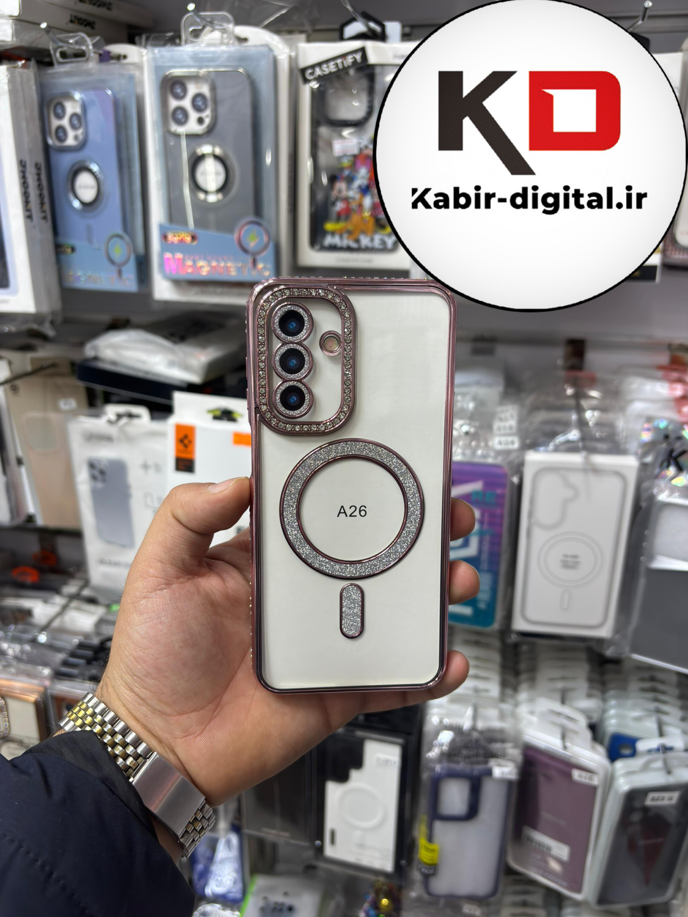 قاب گوشی Galaxy A26 / A17 سامسونگ الکتروپلیتینگ ژله ای شفاف اورجینال طرح مگ سیف نگین دار شاین محافظ لنز دار صورتی