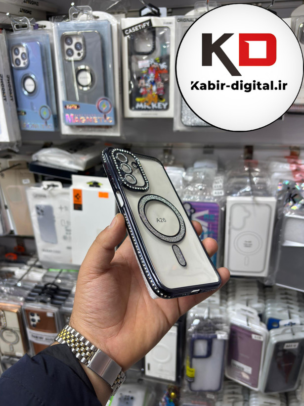 قاب گوشی Galaxy A26 / A17 سامسونگ الکتروپلیتینگ ژله ای شفاف اورجینال طرح مگ سیف نگین دار شاین محافظ لنز دار مشکی