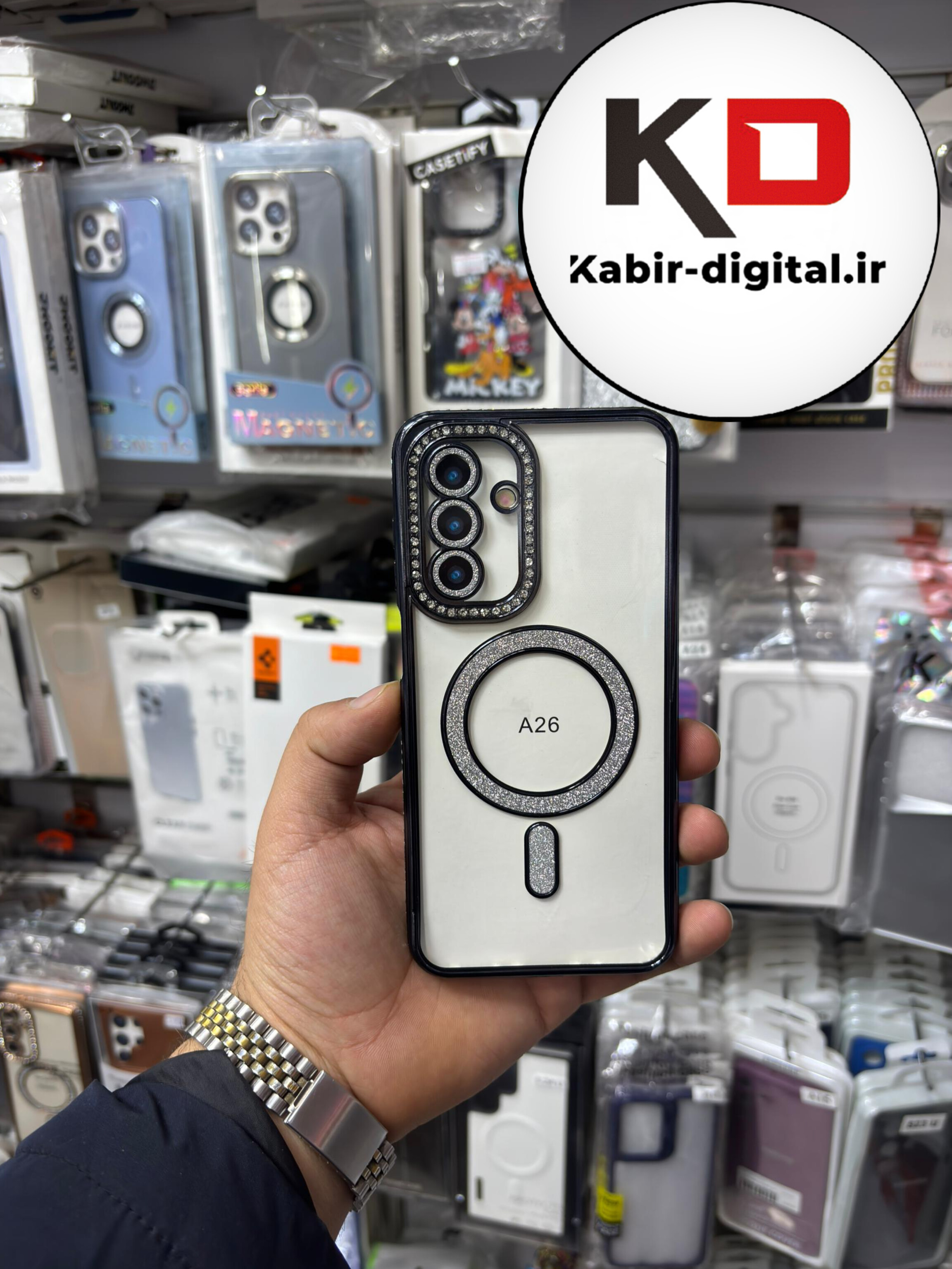 قاب گوشی Galaxy A26 / A17 سامسونگ الکتروپلیتینگ ژله ای شفاف اورجینال طرح مگ سیف نگین دار شاین محافظ لنز دار مشکی