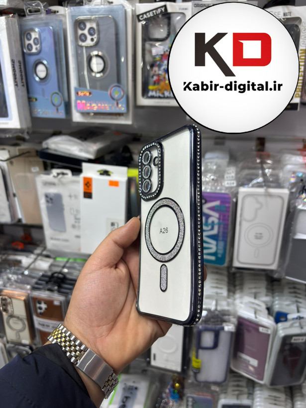 قاب گوشی Galaxy A26 / A17 سامسونگ الکتروپلیتینگ ژله ای شفاف اورجینال طرح مگ سیف نگین دار شاین محافظ لنز دار مشکی