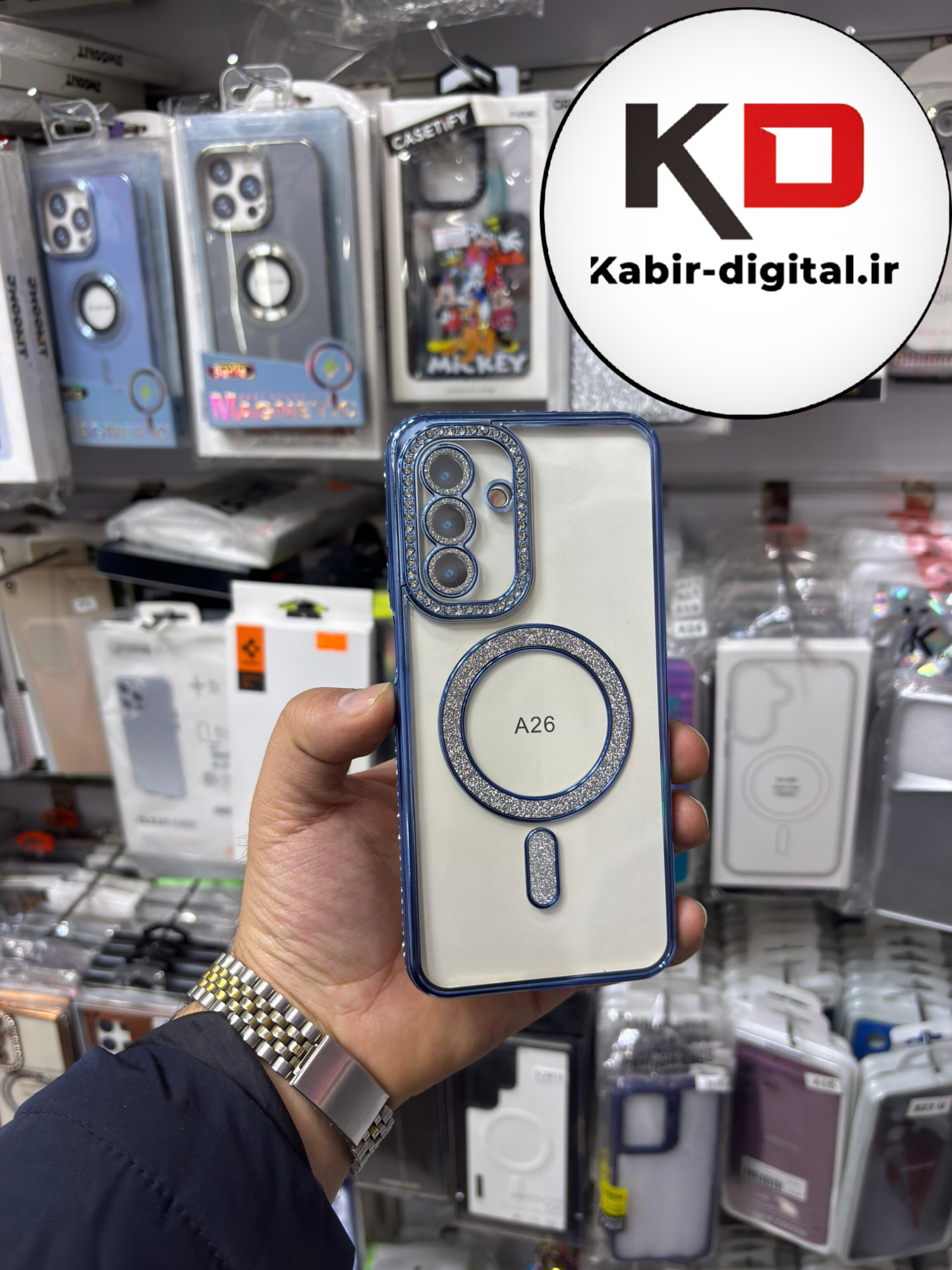 قاب گوشی Galaxy A26 / A17 سامسونگ الکتروپلیتینگ ژله ای شفاف اورجینال طرح مگ سیف نگین دار شاین محافظ لنز دار آبی