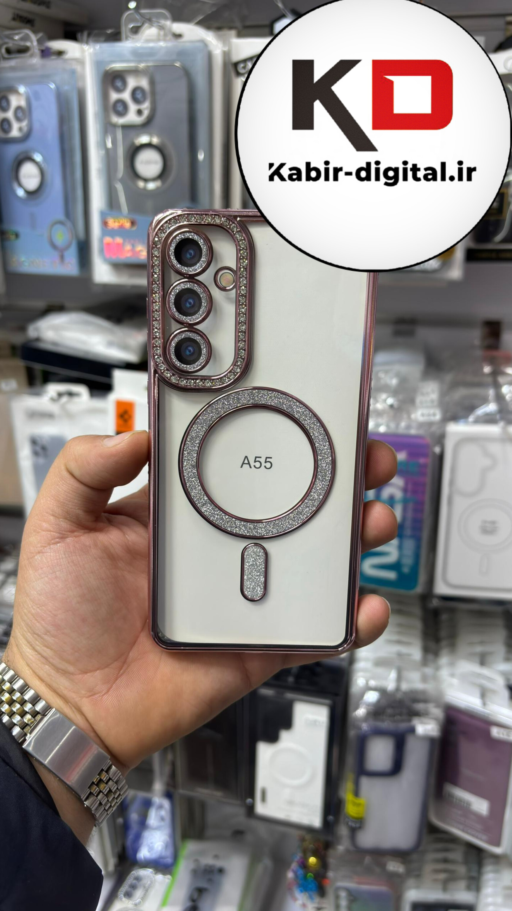 قاب گوشی Galaxy A55 سامسونگ الکتروپلیتینگ ژله ای شفاف اورجینال طرح مگ سیف نگین دار شاین محافظ لنز دار صورتی