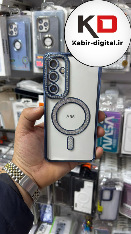 قاب گوشی Galaxy A55 سامسونگ الکتروپلیتینگ ژله ای شفاف اورجینال طرح مگ سیف نگین دار شاین محافظ لنز دار آبی